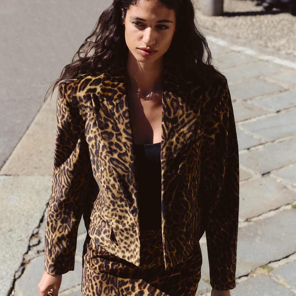 Zara brown blazer animal print velvet velour cheetah leopard suit jacket - Picture 14 of 15
